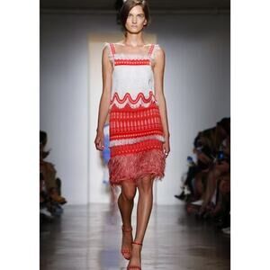 NWT $1500 Rare Runway Jonathan Simkhai Scaffold Fringe Midi Dress Red White Sz 0
